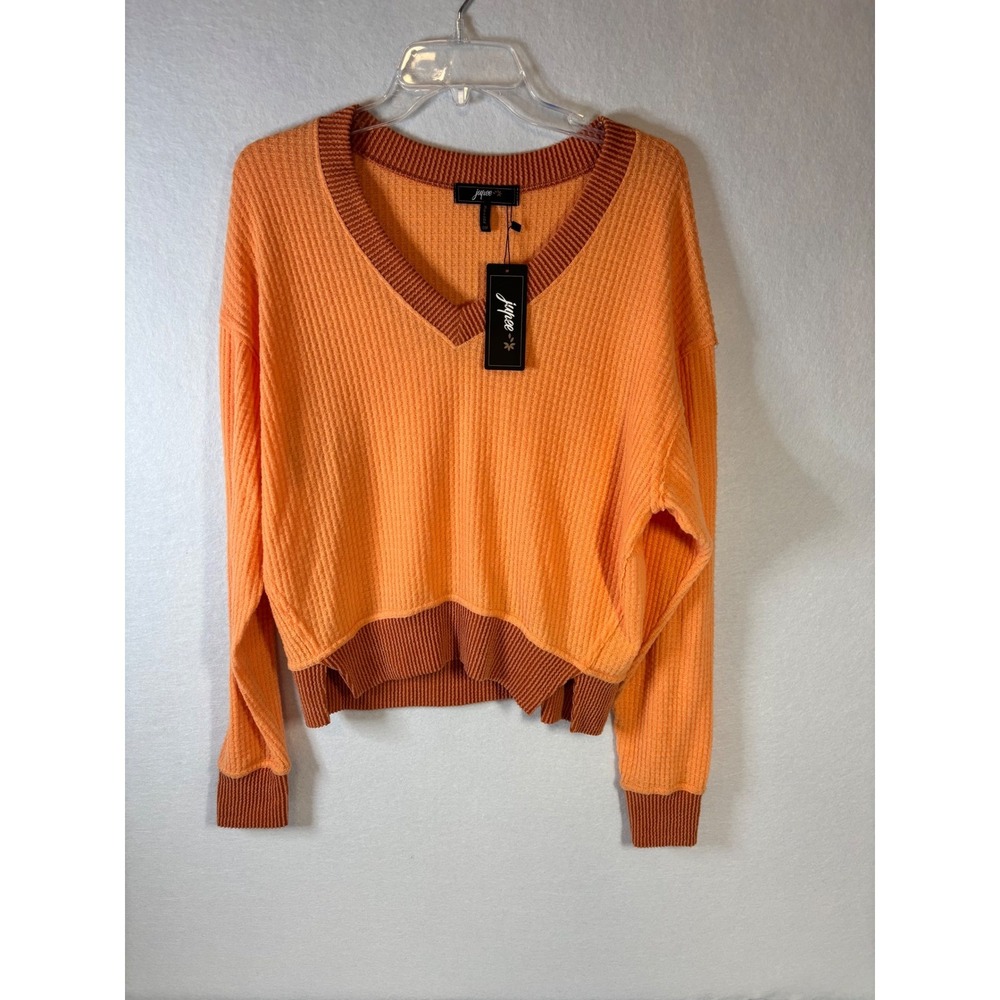Jupee Womens Orange Waffle Knit V-Neck Sweater Rust Trim Made in USA S/M NWT
